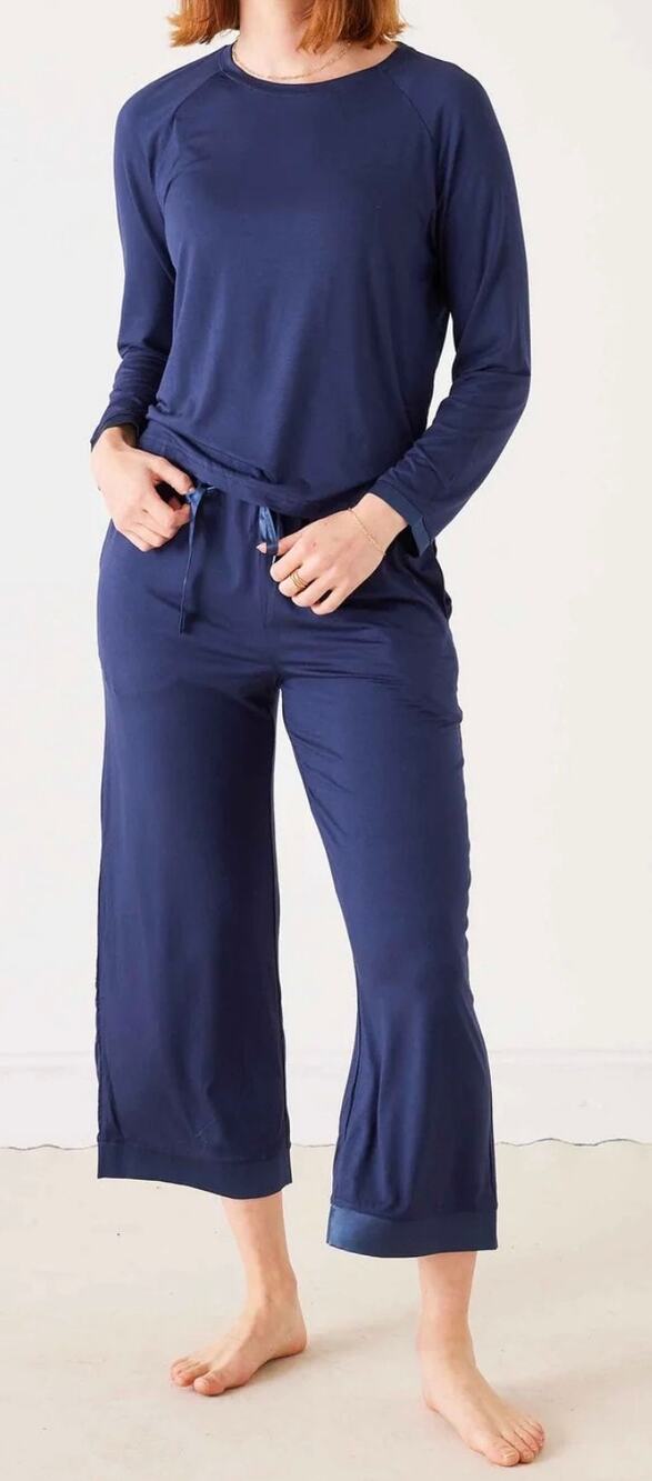 MERSEA Satin Sailor Modal Pajama Long Sleeve Top Midnight Navy XL